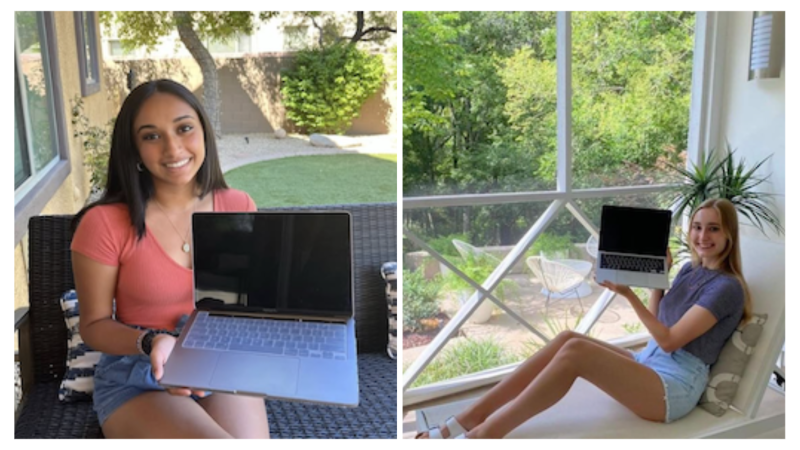 Two photos side by side of people holding laptops